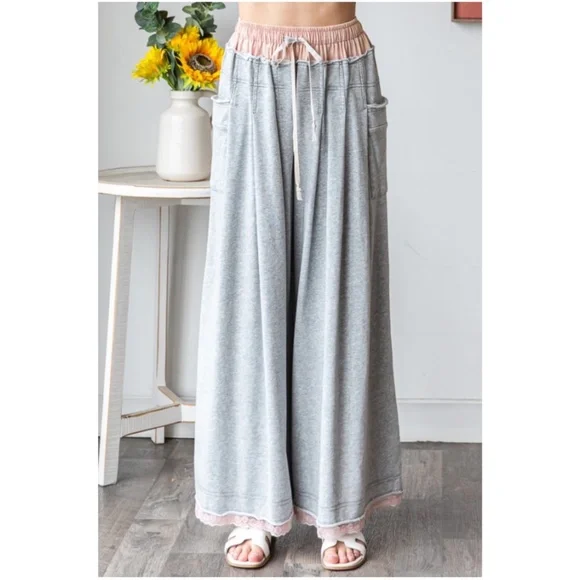 Oli & Hali Gray Wide Leg Lounge Pants with Pink Trim - Picture 6 of 8